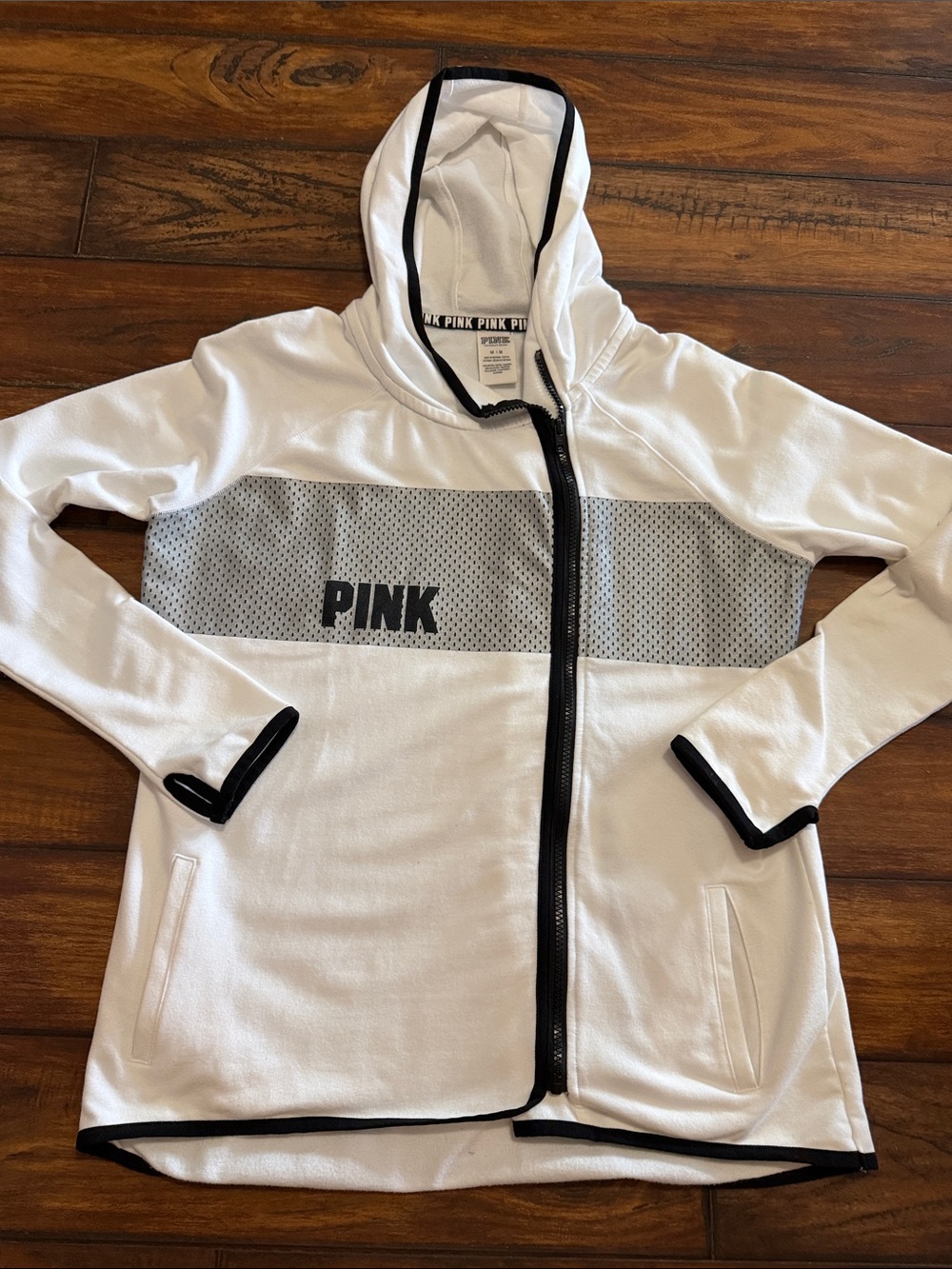PINK Victoria's Secret Like New White Hooded Zip Jacket with Black Trim